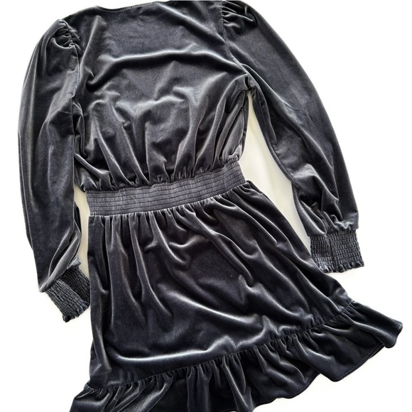 Evereve Slate Blue Velvet Smocked Ruffle Long Sleeve Dress Womens Medium - Picture 6 of 6